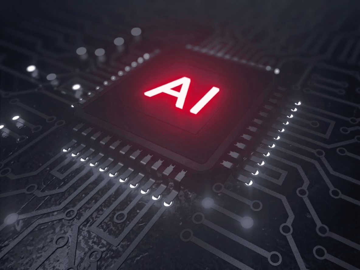 AI駆動開発のイメージ:回路基板の中央にAIチップが配置されたビジュアル